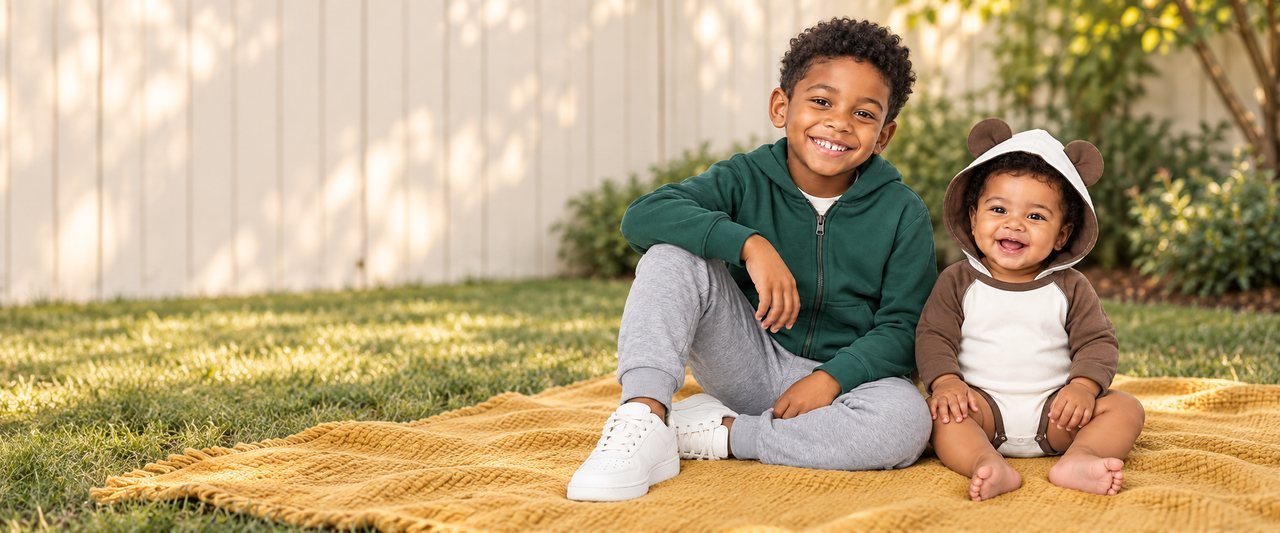 A boy in a green zip hoodie and grey joggers sits on a marigold blanket beside a laughing toddler in a bear-eared hoodie bodysuit