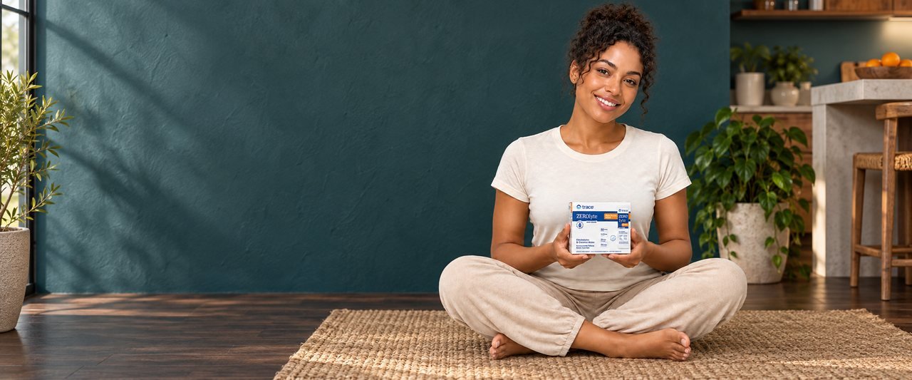 A woman sits cross-legged on a jute rug in a teal-walled room holding a box of Trace Minerals supplements