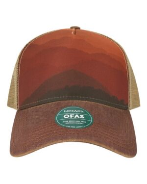 Old Favorite Five-Panel Trucker Cap - Mt Sunset/ Maroon/ Khaki