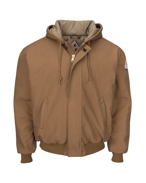 Men's Insulated Brown Duck Hooded Jacket with Knit Trim - Image 4